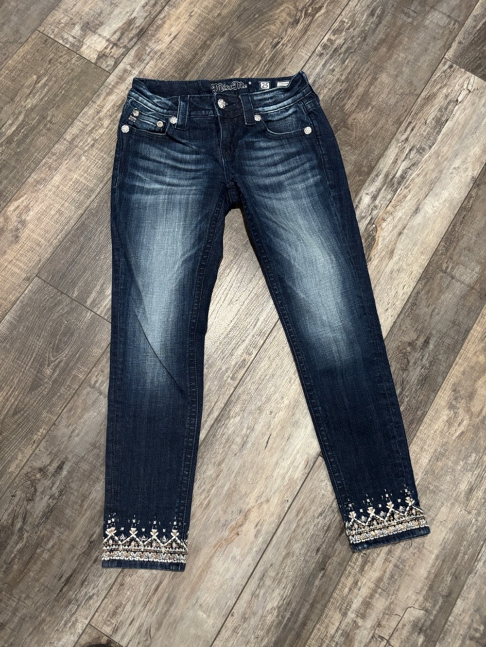 Miss Me Dark Blue Skinny Jeans with Embroidered Ankles